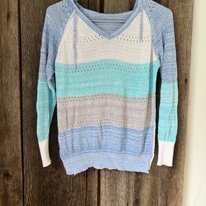 Striped V-Neck Sweater - Blue, White, Gray